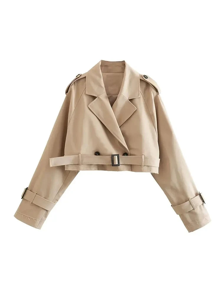 Trench court ceinturé beige à double boutonnage pour femme, style vintage – vue 3