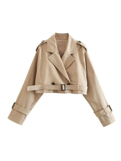 Trench court ceinturé beige à double boutonnage pour femme, style vintage – vue 3