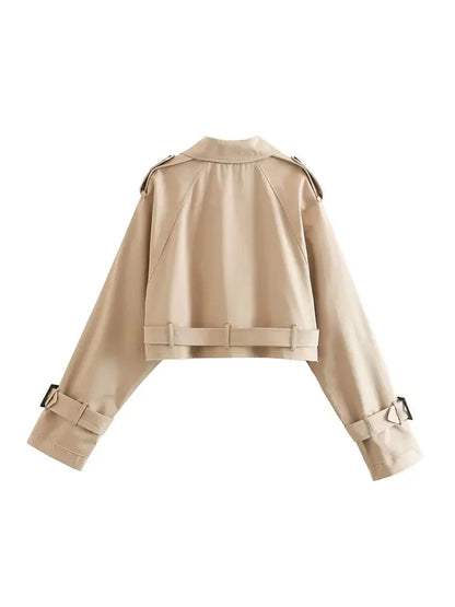 Trench court ceinturé beige à double boutonnage pour femme, style vintage – vue 4