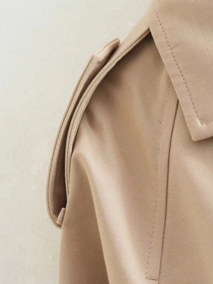 Trench court ceinturé beige à double boutonnage pour femme, style vintage – vue 7