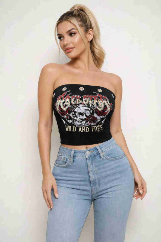 Bustier tube en coton stretch noir avec imprimé rock et encolure bandeau