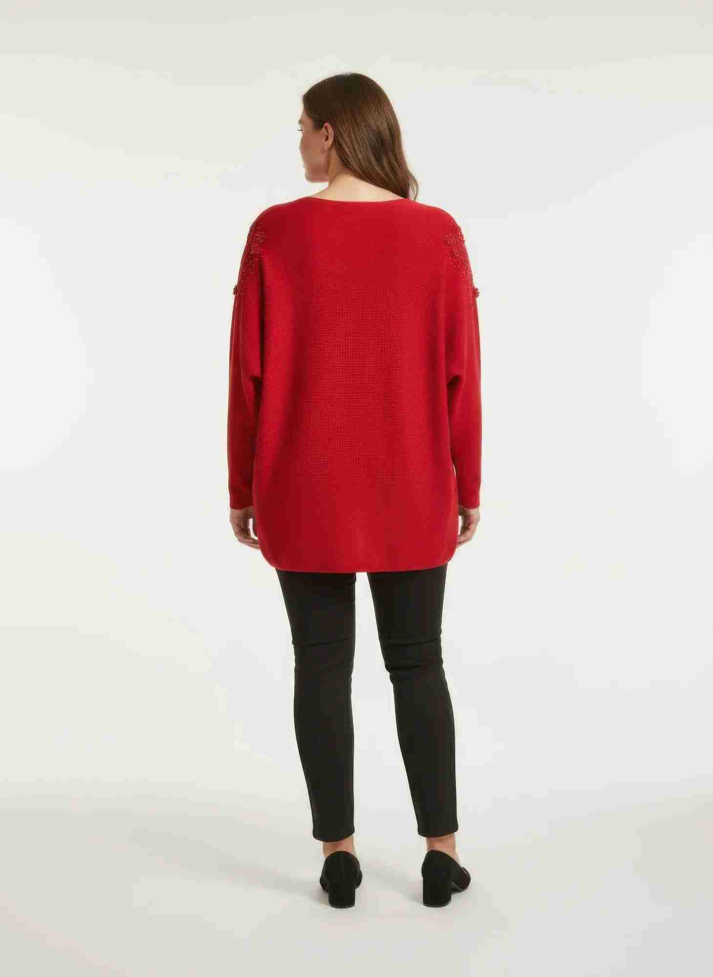 Tunique tricot dentelle rouge à manches longues, grand format, dos uni