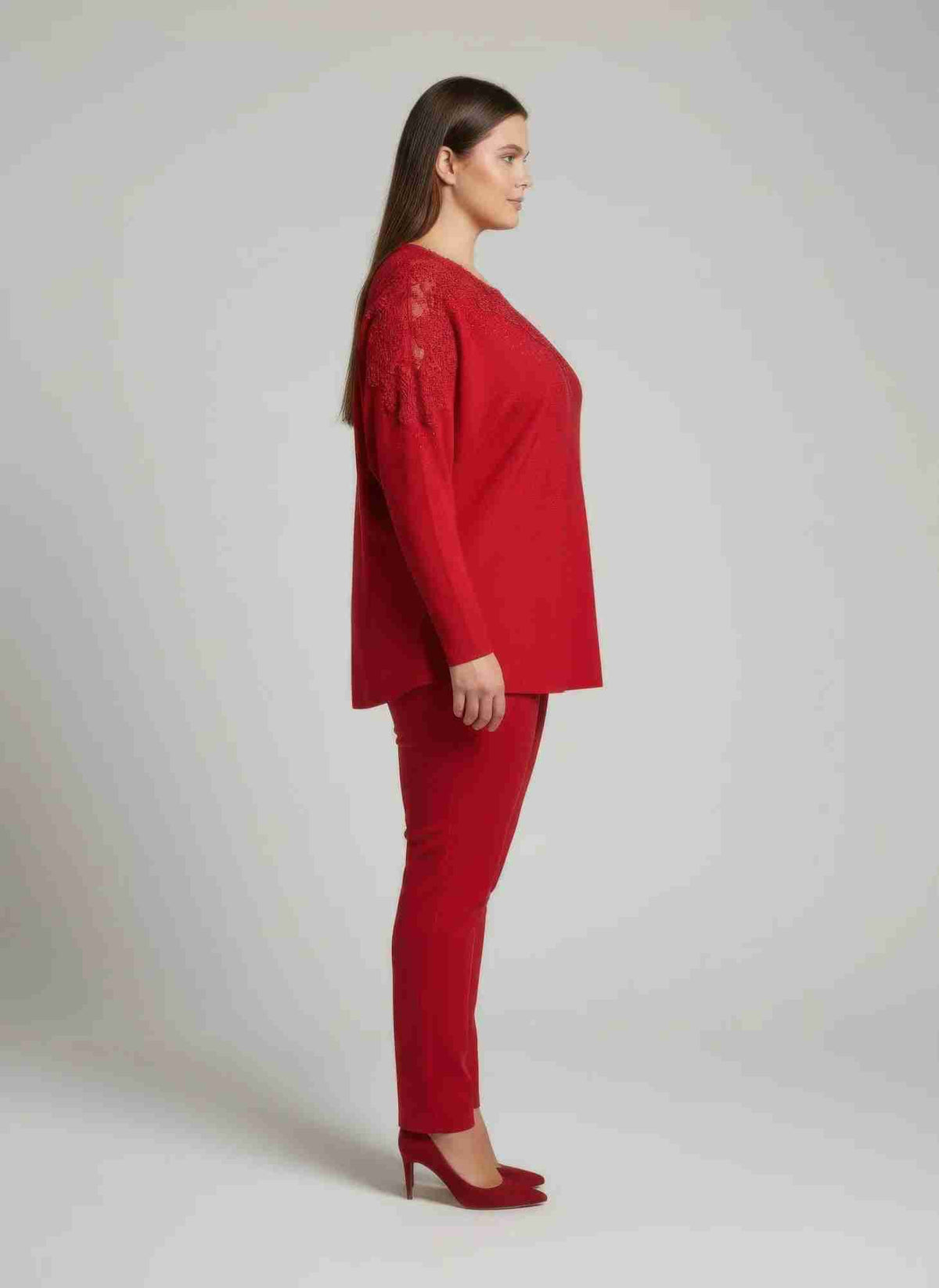 Tunique tricot dentelle rouge à manches longues, grand format, coupe ample