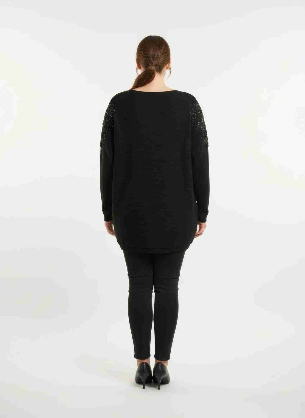 Tunique tricot dentelle noire à manches longues, grand format, dos uni