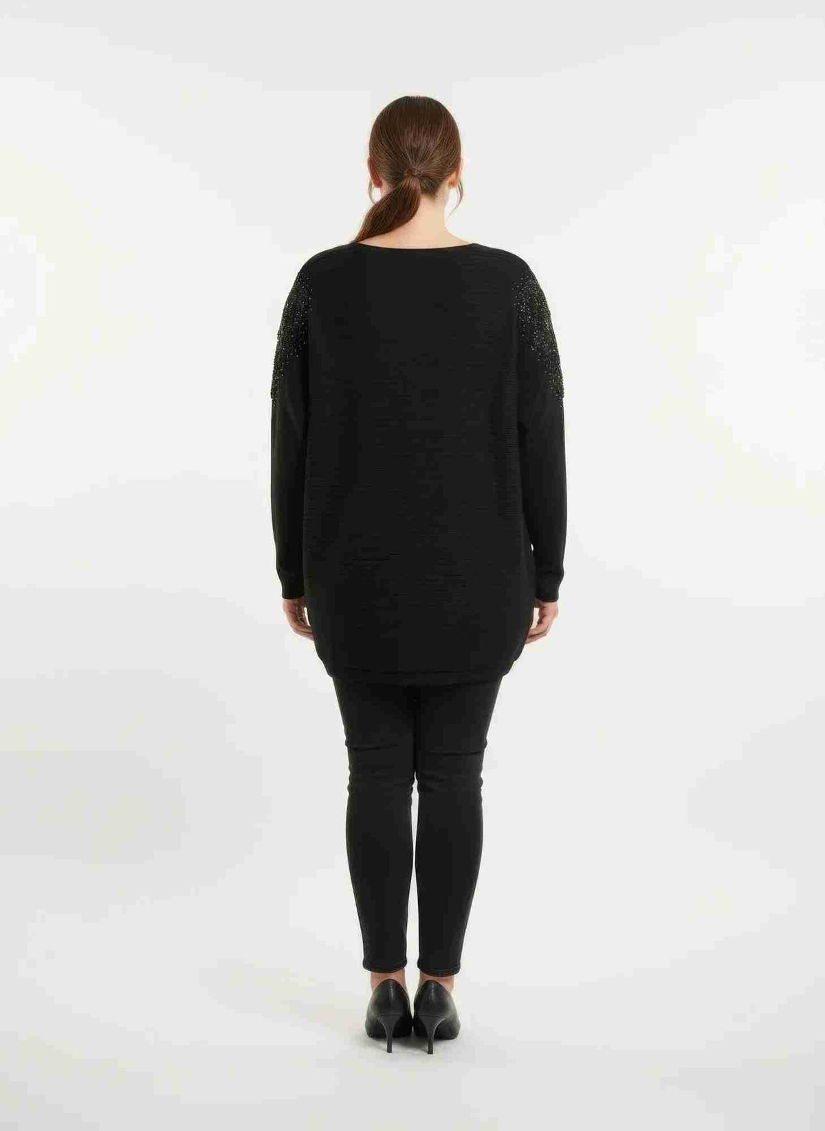 Tunique tricot dentelle noire à manches longues, grand format, dos uni