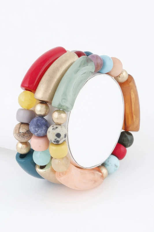 Bracelet de perles multicolores, cabochons rouges et bleus, perles dorées.
