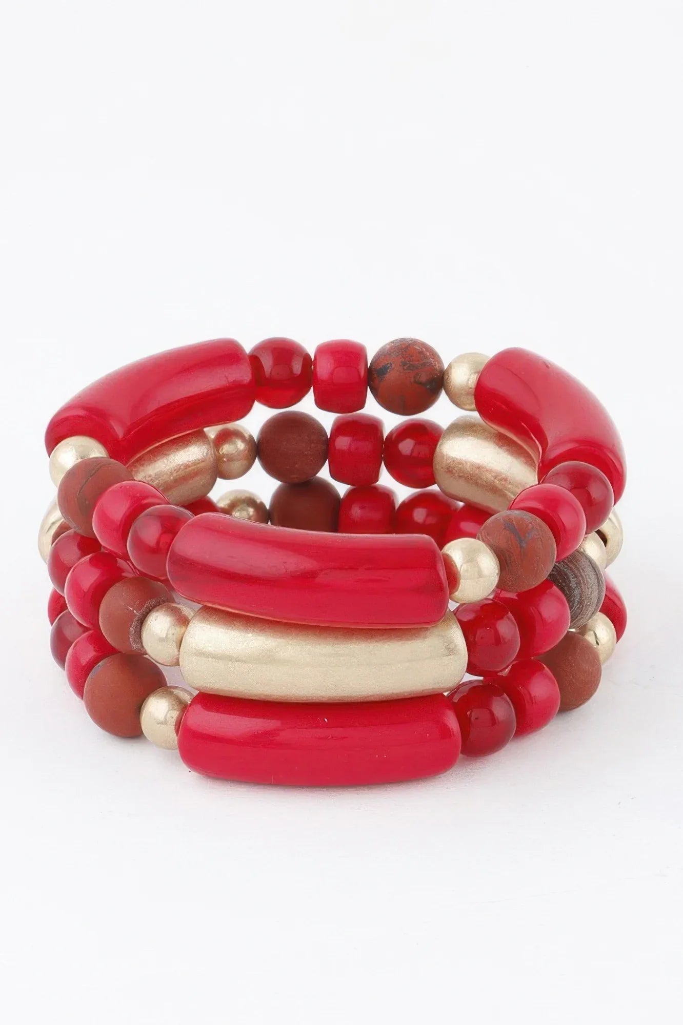 Bracelet de perles rouges, perles beige et brunes, perles dorées.