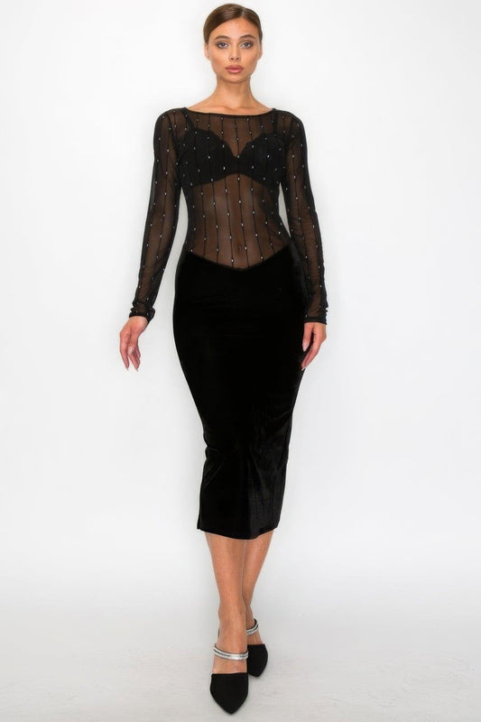 Velvet Sheer Contrast Holiday Midi Dress - Premium  - Shop now at Oléna-Fashion