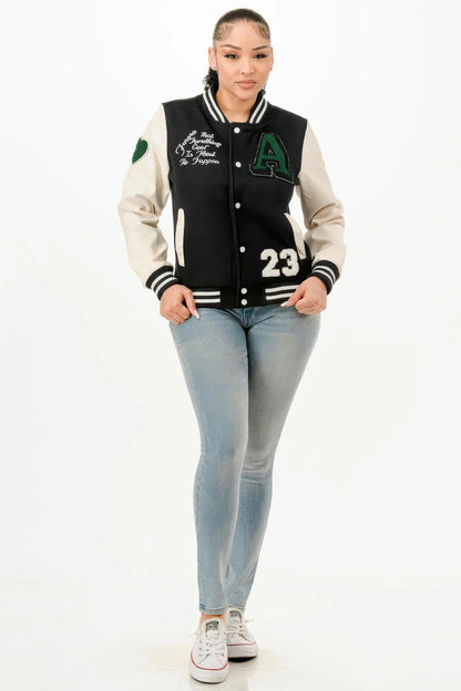 Veste Bomber Femme Varsity Patches Décoratifs Boutons by GLANCE APPAREL