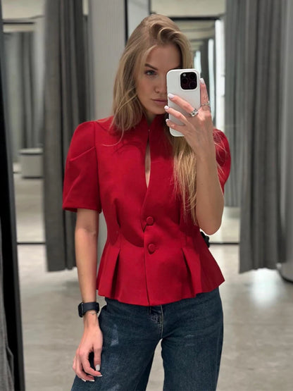 Veste élégante à manches courtes femme, taille cintrée et boutons – vue 4