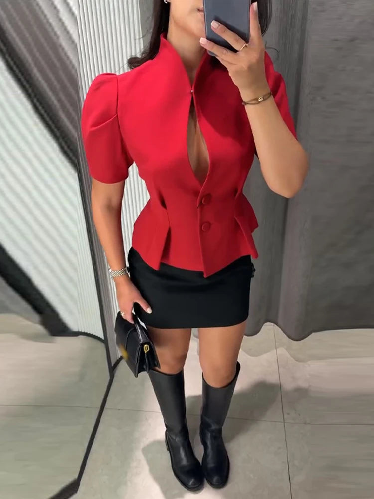 Veste élégante à manches courtes femme, taille cintrée et boutons – vue 6