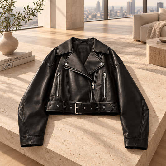 Veste courte femme en faux cuir noir, ceinture à nouer et zip – vue 1