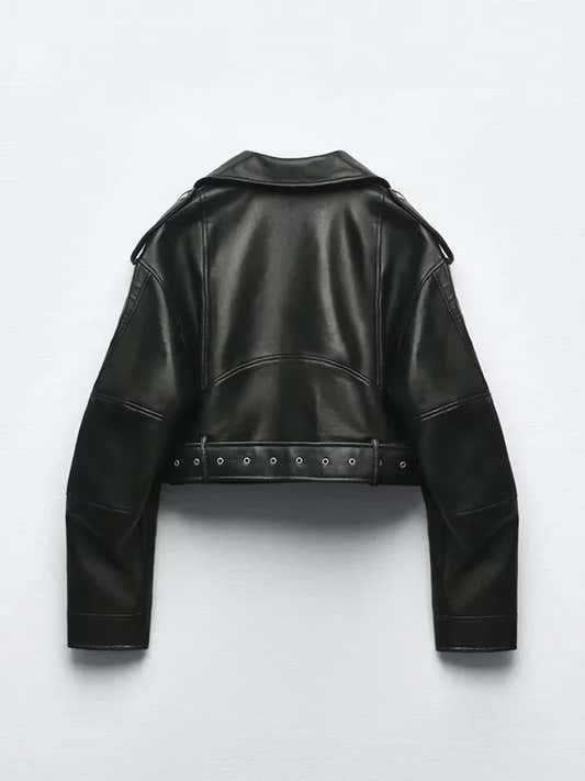 Veste courte femme en faux cuir noir, ceinture à nouer et zip – vue 2