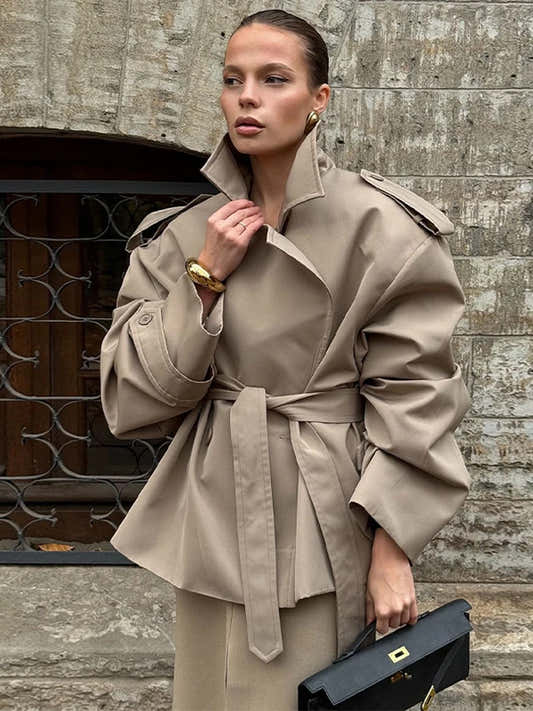 Veste courte femme à double boutonnage, revers et ceinture à nouer – vue 1