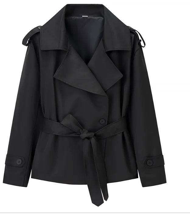 Veste courte femme à double boutonnage, revers et ceinture à nouer – vue 30
