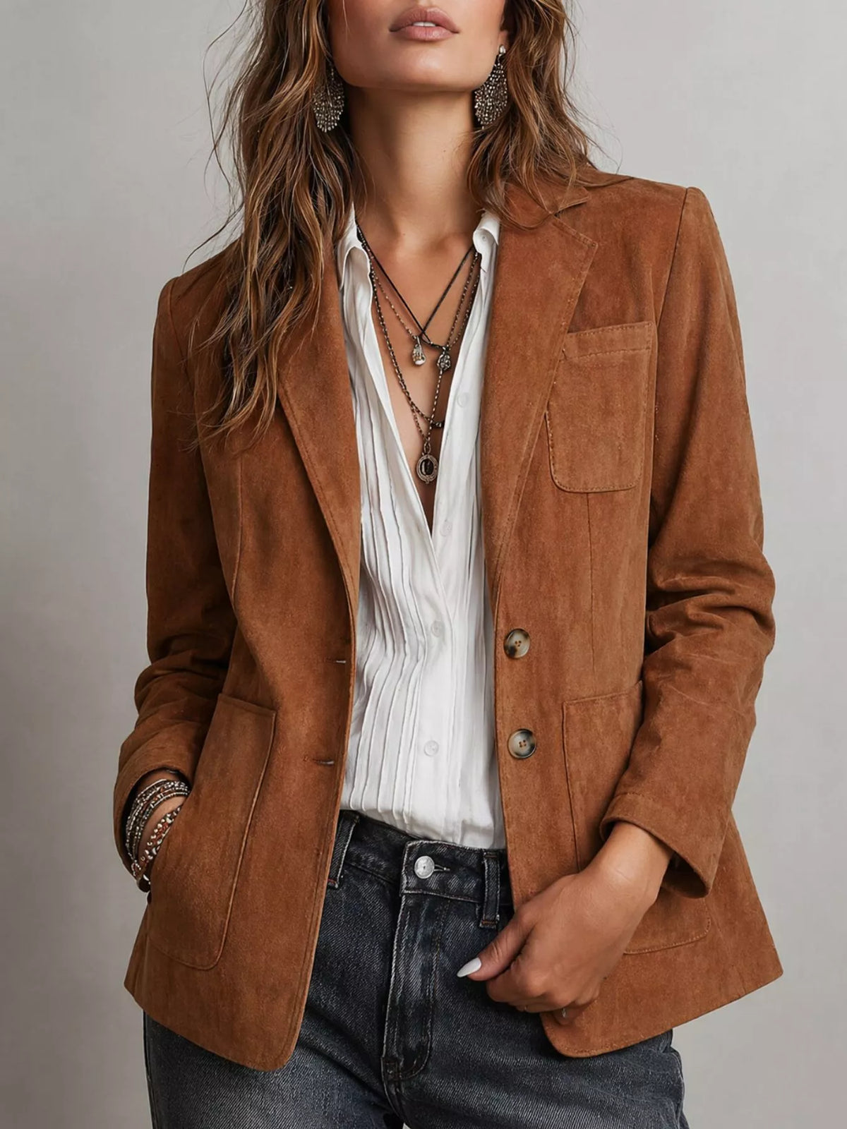 Veste de tailleur effet daim à simple boutonnage pour femme – vue 1