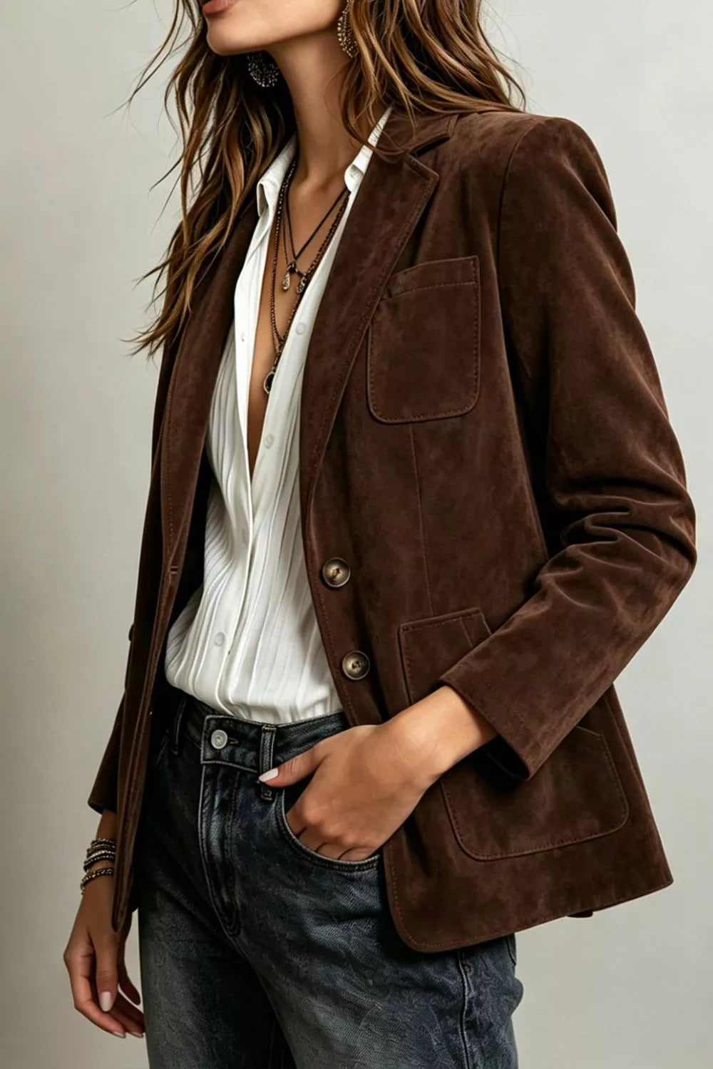Veste de tailleur effet daim à simple boutonnage pour femme – vue 4