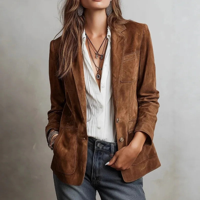Veste effet daim pour femme à revers, boutonnée – vue 1