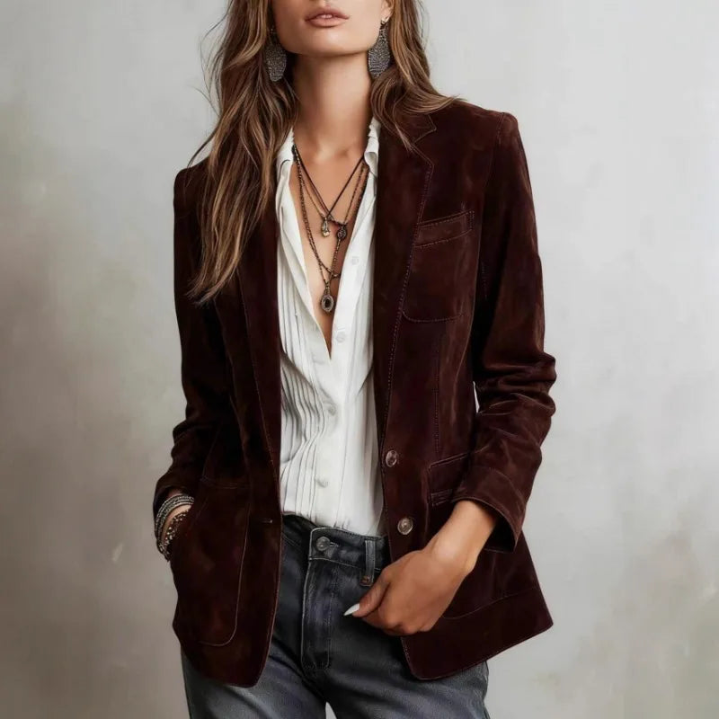 Veste effet daim pour femme à revers, boutonnée – vue 3