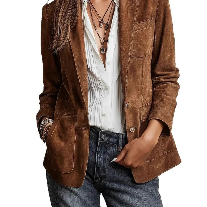 Veste effet daim pour femme à revers, boutonnée – vue 6