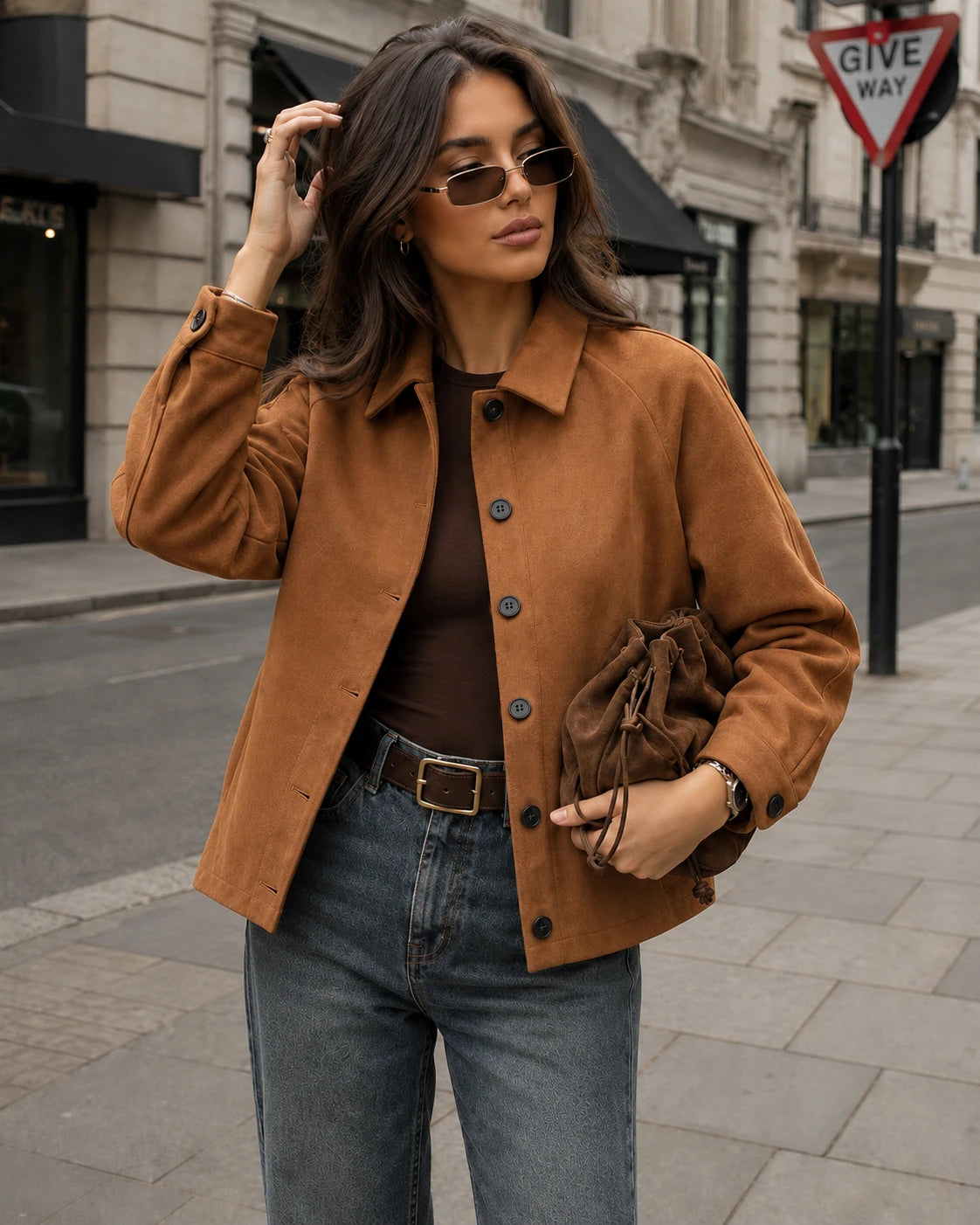 Veste effet daim vintage camel pour femme – vue 1