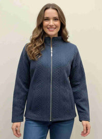 Veste zippée à col montant bleue marine, manches longues, tissu texturé