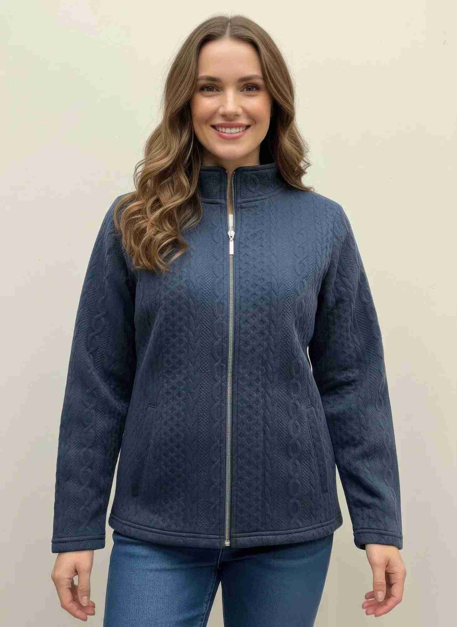 Veste zippée à col montant bleue marine, manches longues, tissu texturé