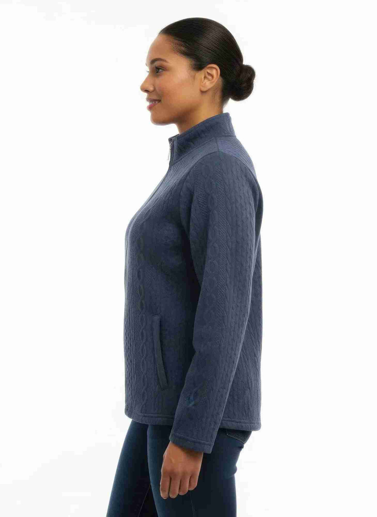 Veste zippée à col montant bleue marine, vue de côté, tissu texturé