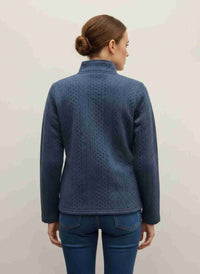 Veste zippée à col montant bleue marine, vue arrière, coutures et ourlet