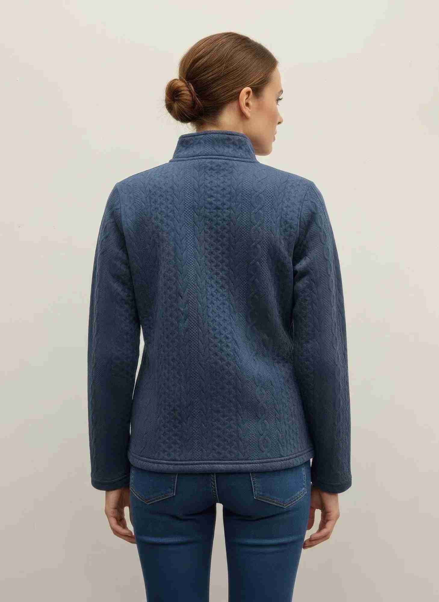 Veste zippée à col montant bleue marine, vue arrière, coutures et ourlet