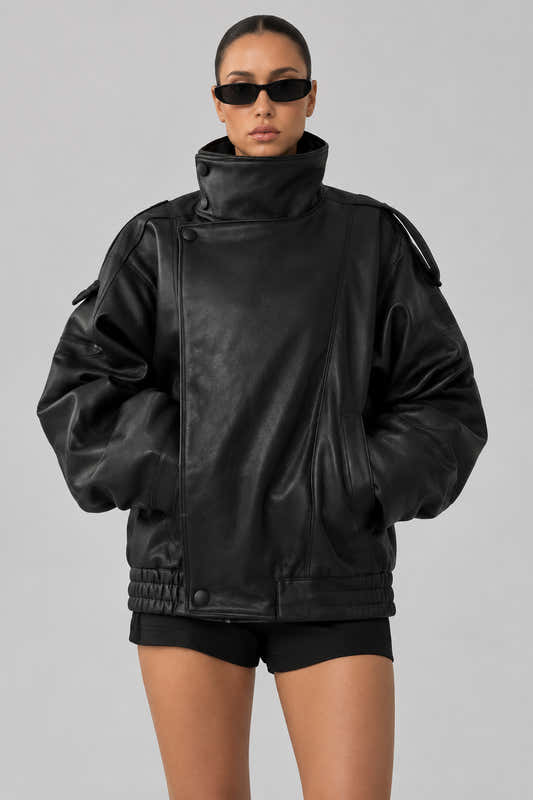 Veste longue femme en faux cuir noir, col montant et coupe ample – vue 1