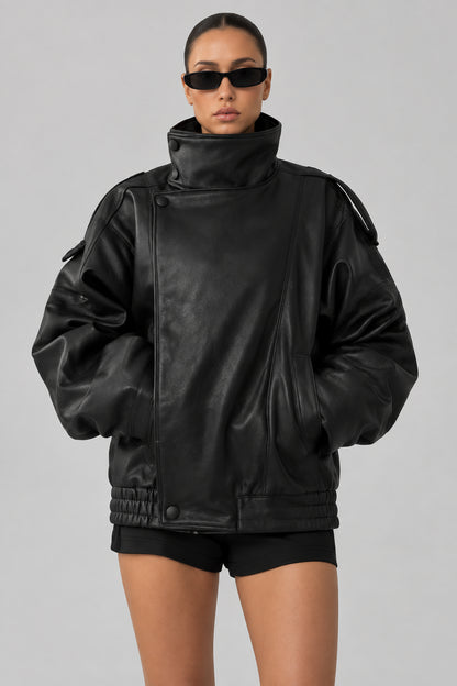 Veste longue femme en faux cuir noir, col montant et coupe ample – vue 1