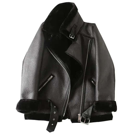 Veste motard femme en fausse fourrure d'agneau, très épaisse et zippée – vue 1