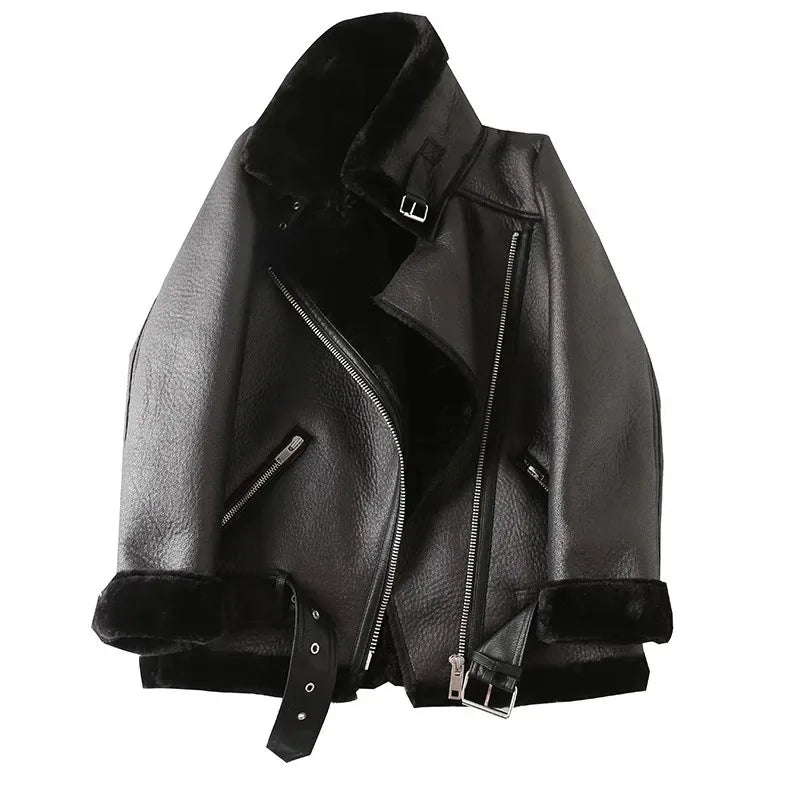 Veste motard femme en fausse fourrure d'agneau, très épaisse et zippée – vue 1