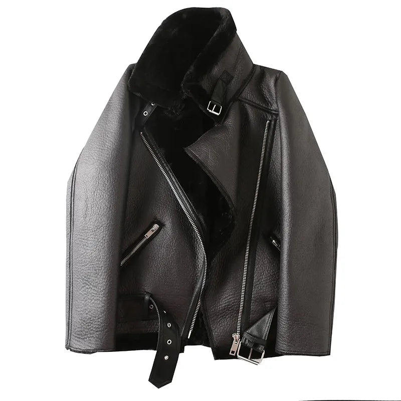 Veste motard femme en fausse fourrure d'agneau, très épaisse et zippée – vue 24