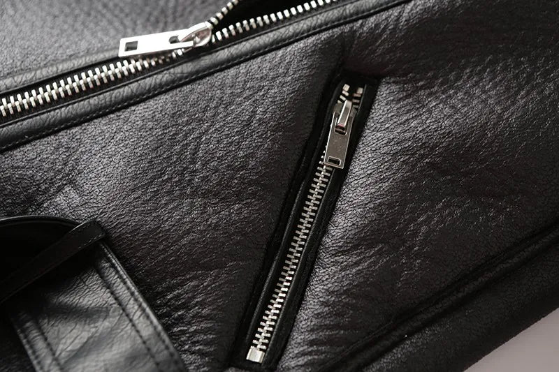 Veste motard femme en fausse fourrure d'agneau, très épaisse et zippée – vue 29