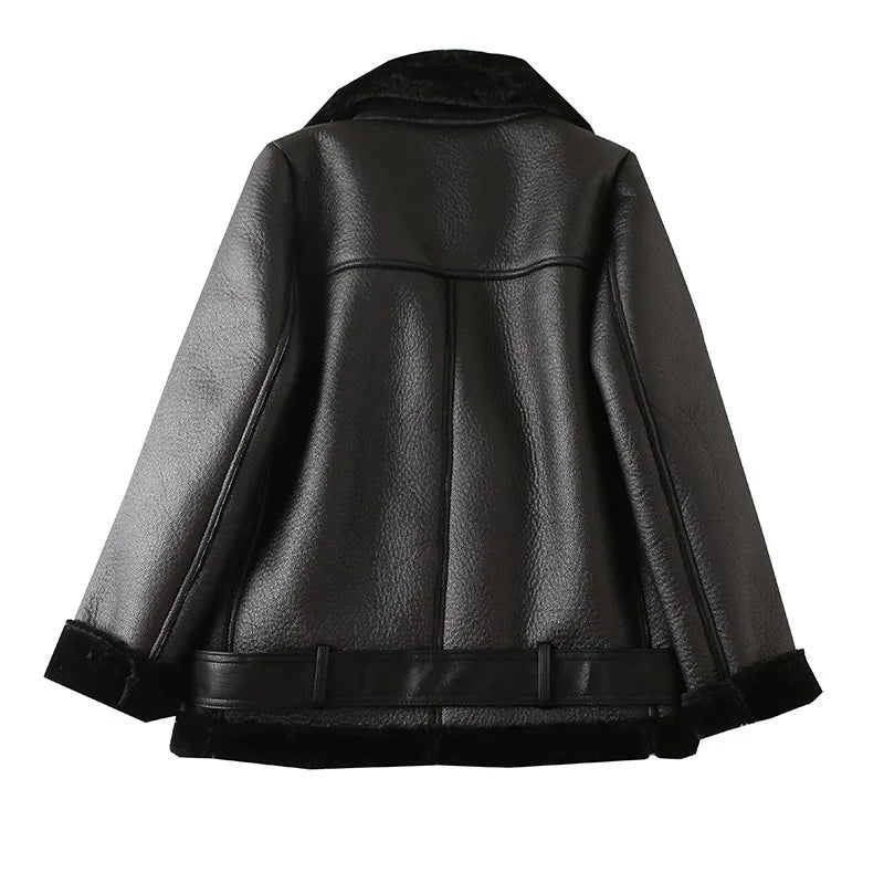 Veste motard femme en fausse fourrure d'agneau, très épaisse et zippée – vue 35