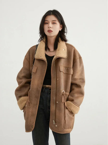 Veste réversible effet daim marron café pour femme – vue 1