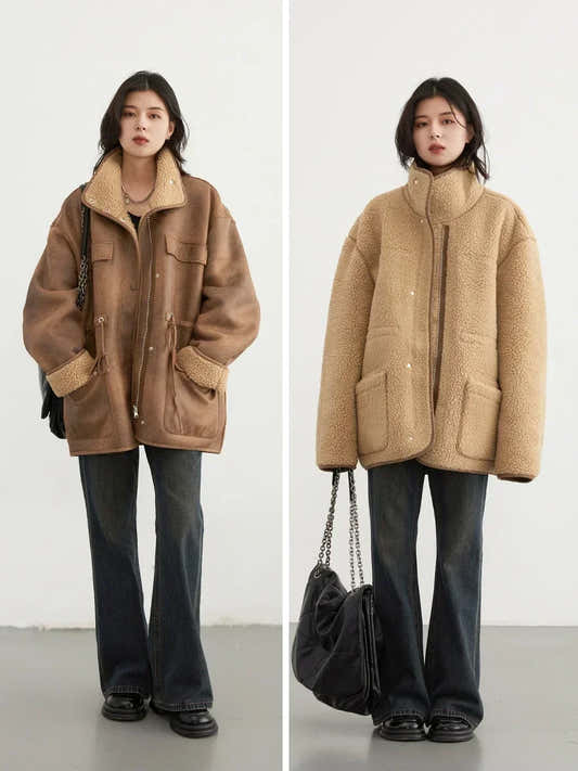 Veste réversible effet daim marron café pour femme – vue 2