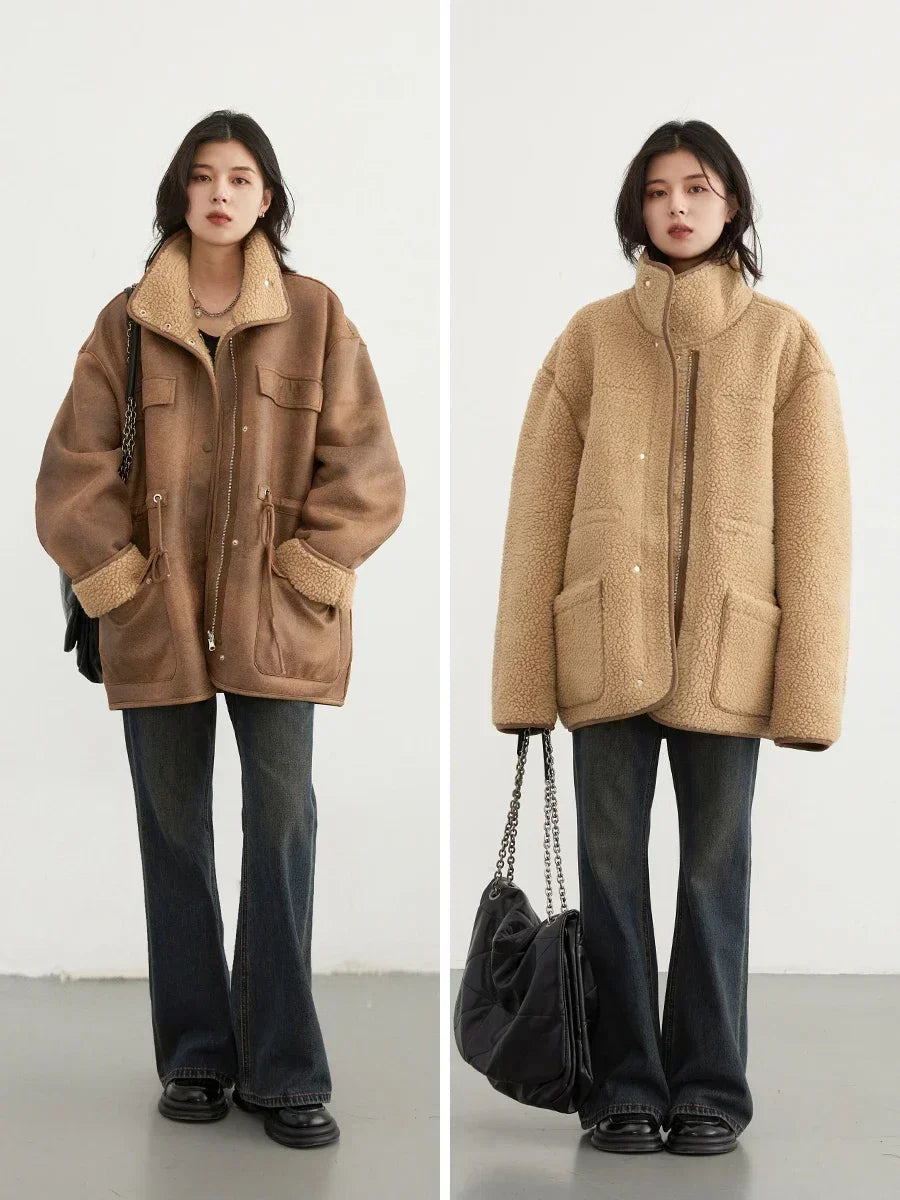 Veste réversible effet daim marron café pour femme – vue 2