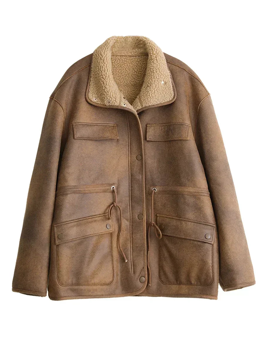 Veste réversible effet daim marron café pour femme – vue 4