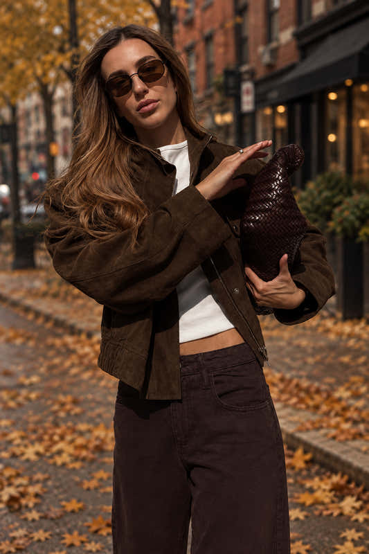 Veste zippée marron à col montant pour femme, coupe slim avec poches – vue 1