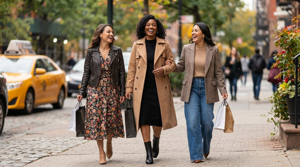 Three women walking in fall coats and jackets with shopping bags in New York