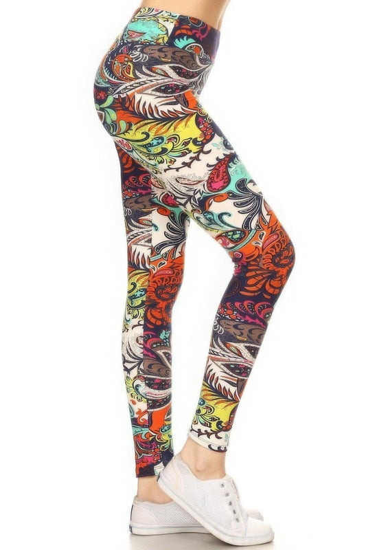 Yoga Style Banded Lined Multicolored Mixed Paisley Print, Full Length Leggings - Premium  - Shop now at Oléna-Fashion