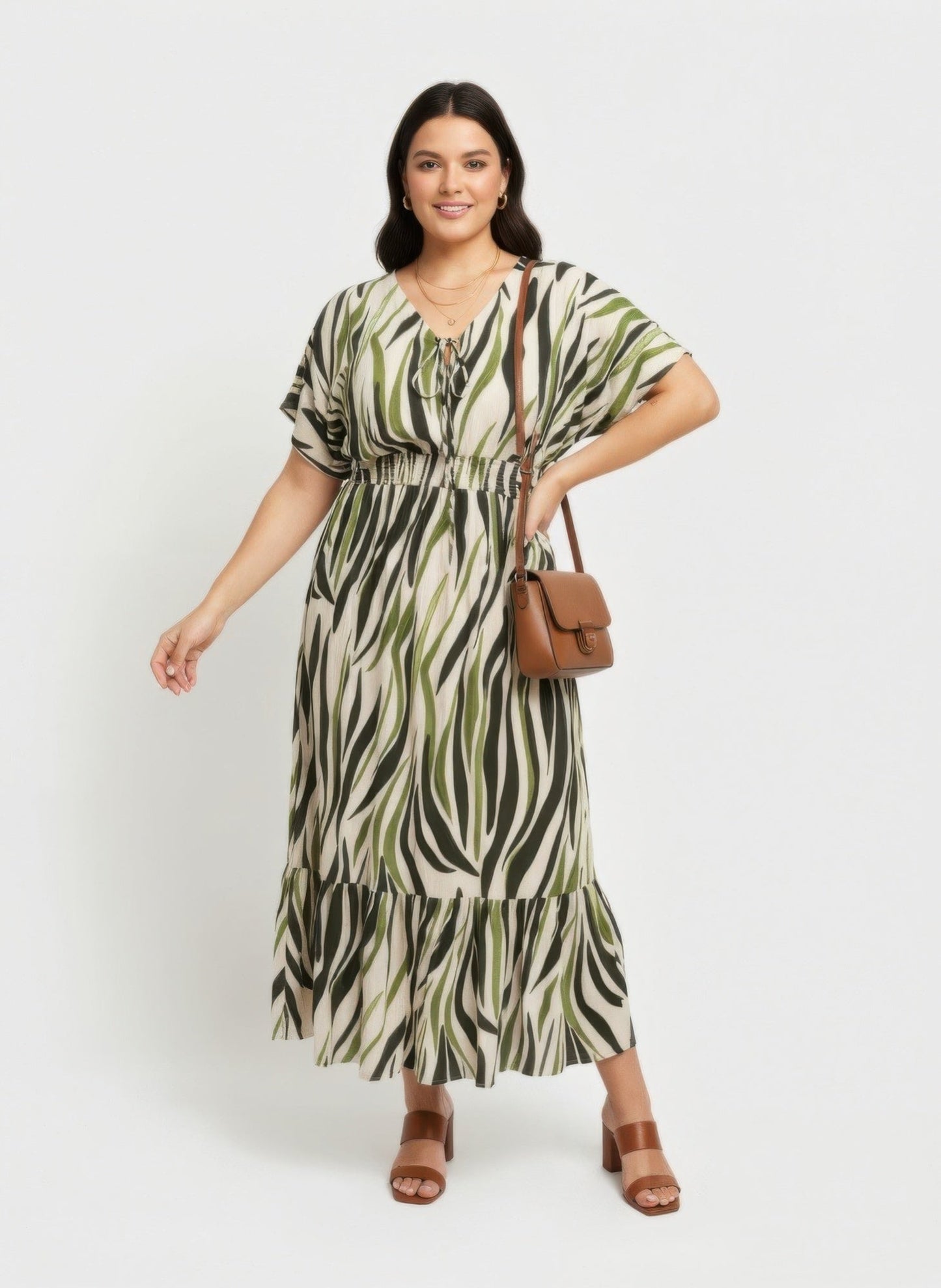 robe midi zébrée smockée grande taille verte vue face