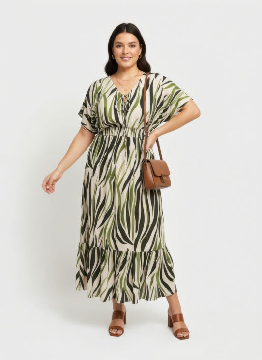 robe midi zébrée smockée grande taille verte vue face