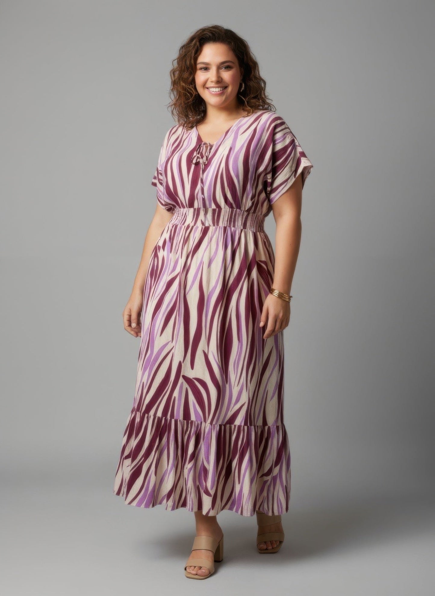 robe midi zébrée smockée grande taille violette vue face