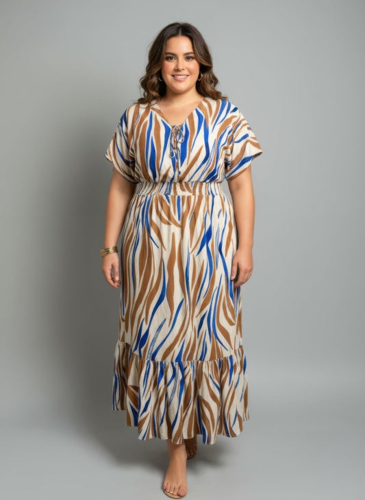 robe midi zébrée smockée grande taille bleue vue face