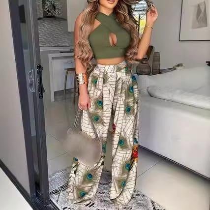 Pantalon décontracté ample et confortable à imprimé plumes de paon