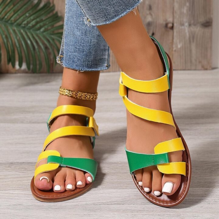 Plus Size Color Matching Flat Sandals Women Strap Hollow Out Cutout-out Lightweight Beach Slippers